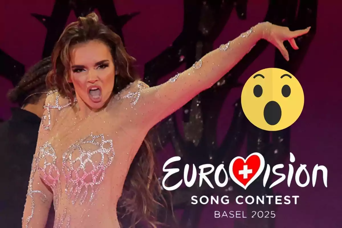 Muntatge amb Melody, actuant a l'escenari del Benidorm Fest; el logotip del Festival d'Eurovisió 2025 a Basilea i un emoji sorprès.