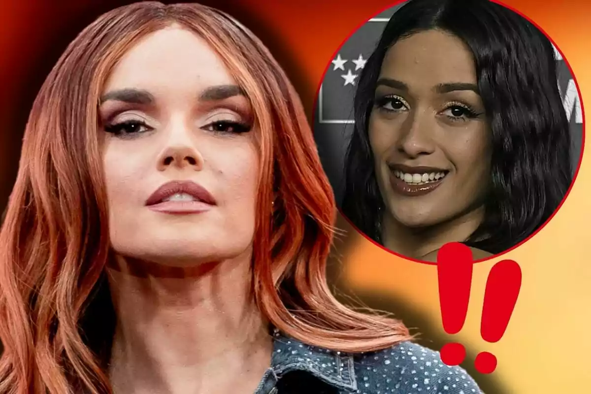 Melody mira al front mentre a la cantonada superior dreta hi ha un cercle amb la imatge de Chanel Terrero somrient i dos signes d'exclamació vermells.