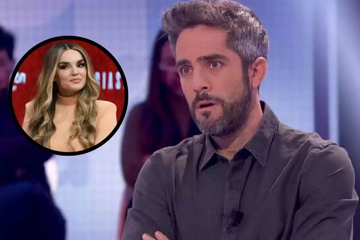Muntatge amb Roberto Leal, amb expressió seriosa apareix en primer pla en un estudi de televisió, i a la cantonada esquerra hi ha un cercle negre amb la imatge de Melody.
