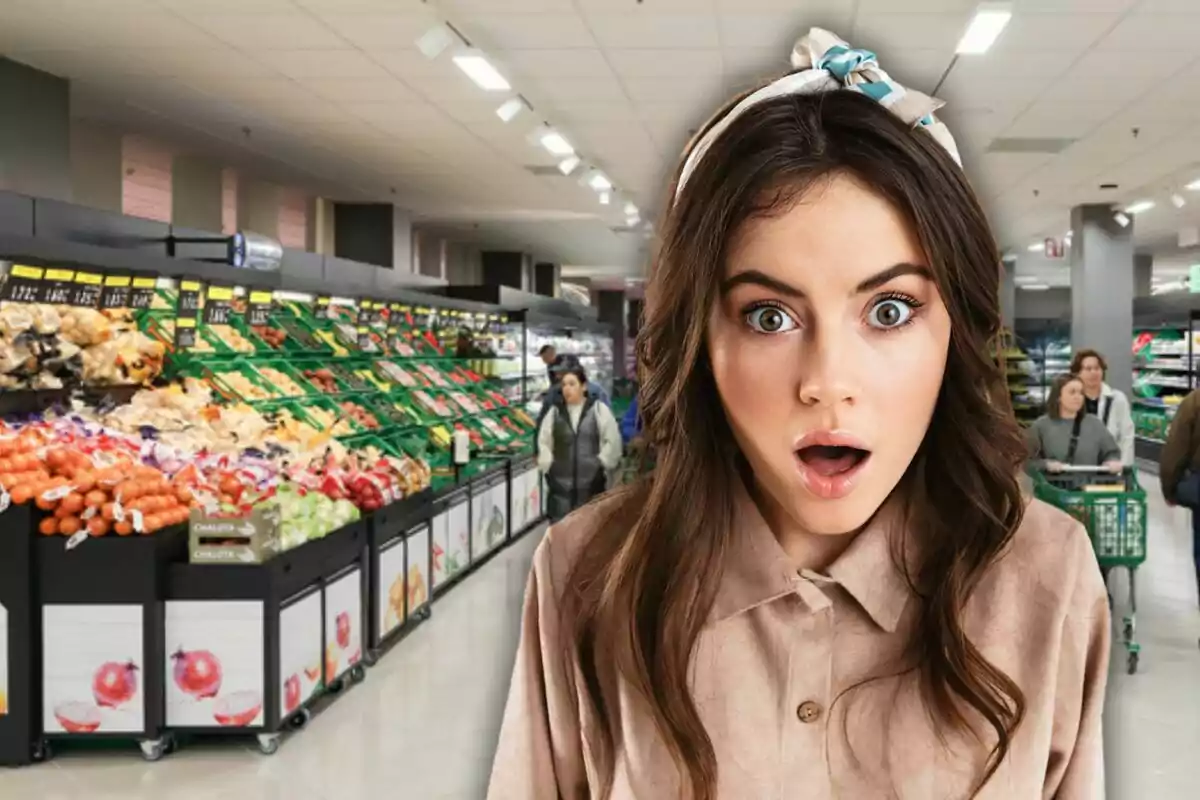 Una dona amb expressió de sorpresa en un supermercat ple de fruites i verdures.