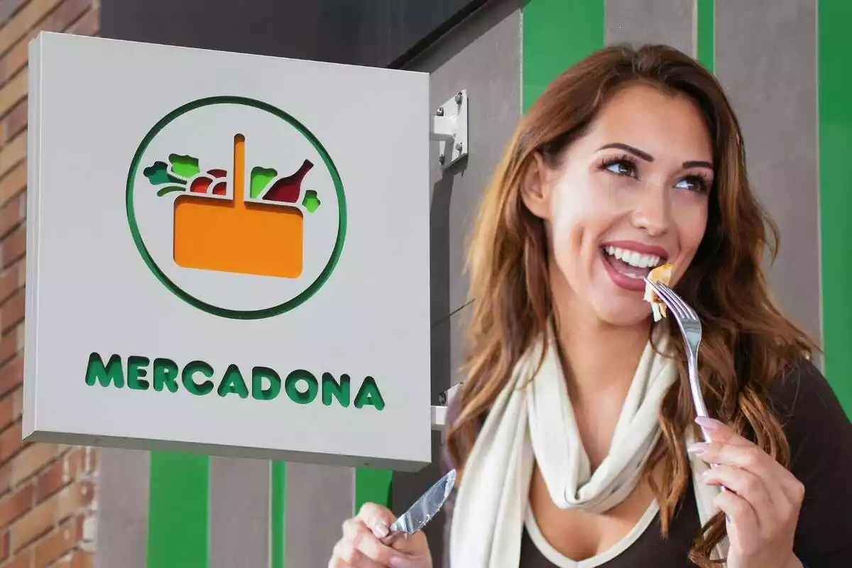 Muntatge d'una dona menjant i el logotip de Mercadona