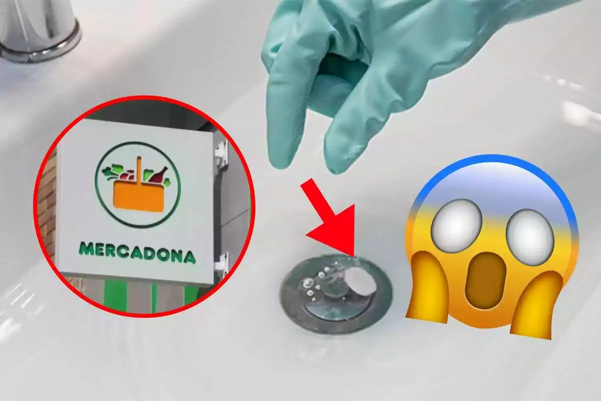 Una mà amb guant verd toca un desguàs en un lavabo, hi ha un logotip de supermercat en un cercle vermell i un emoji sorprès.