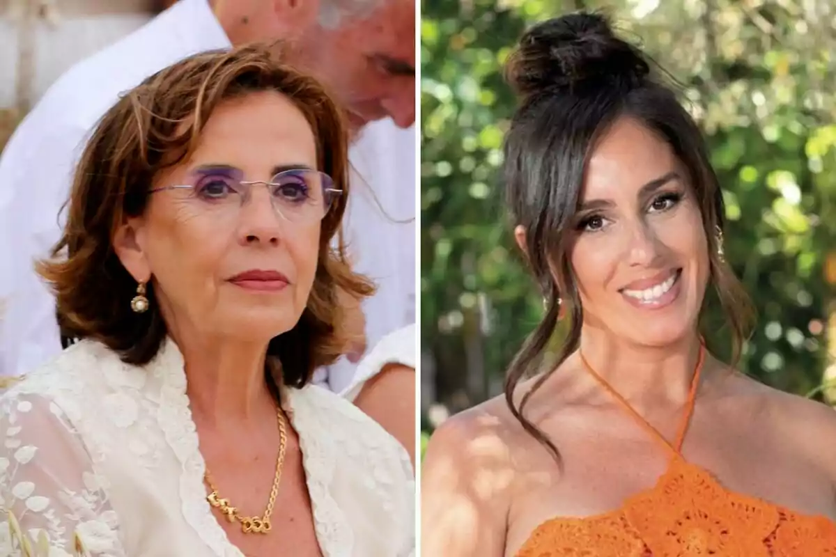 Mercedes Bernal i Anabel Pantoja posen en un entorn a l'aire lliure, una porta ulleres i un collaret daurat, mentre que l'altra llueix un vestit taronja i un pentinat recollit.