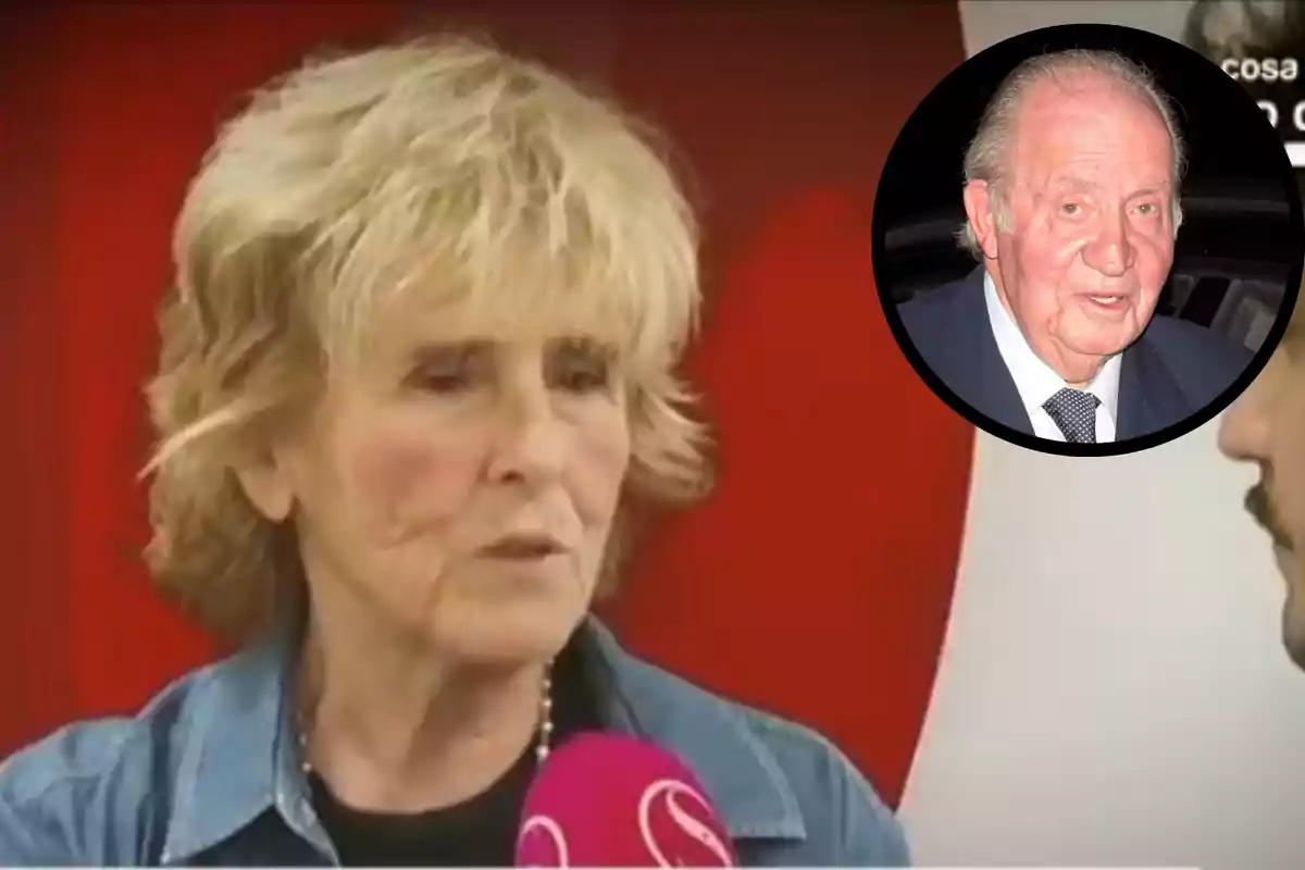 Muntatge amb Mercedes Milá, mentre està sent entrevistada a 'Socialité', i el rei Joan Carles, amb vestit i corbata dins d'un cercle negre a la cantonada superior dreta.
