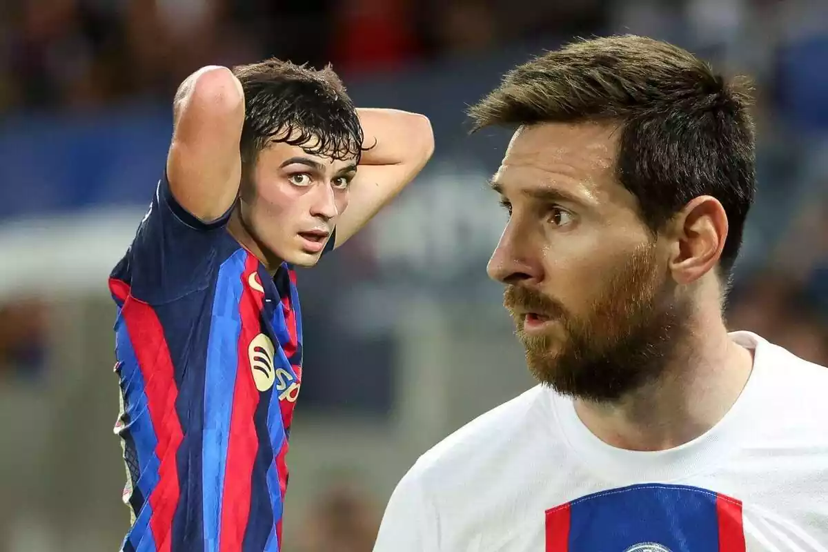 Muntatge de Lionel Messi amb la samarreta del PSG i Pedri, amb la del FC Barcelona, tots dos amb rostre preocupat