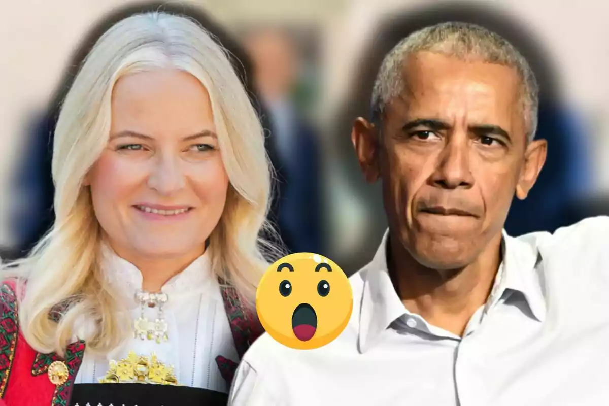Mette-Marit and Barack Obama appear together in the image with a surprised emoji in the center.