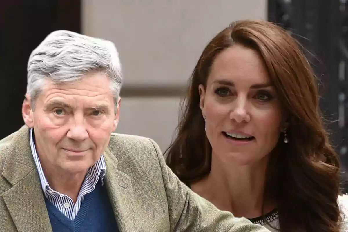 Muntatge de Michael Middleton de cabell canós i Kate Middleton de cabell castany posen junts davant d'un edifici.