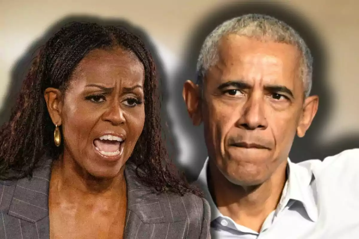 Michelle Obama wearing a gray striped blazer and Barack Obama in a white jersey.