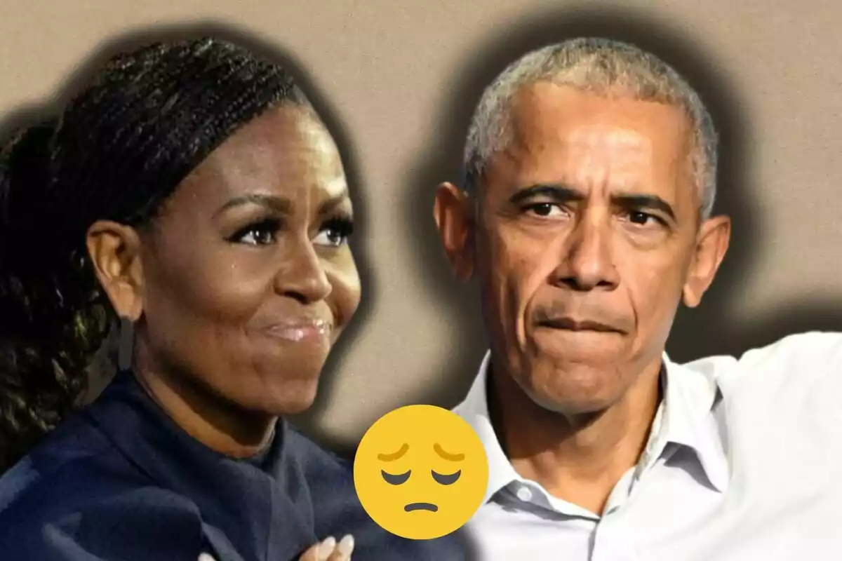 Michelle i Barack Obama amb expressions serioses al costat d'un emoji de cara pensativa.