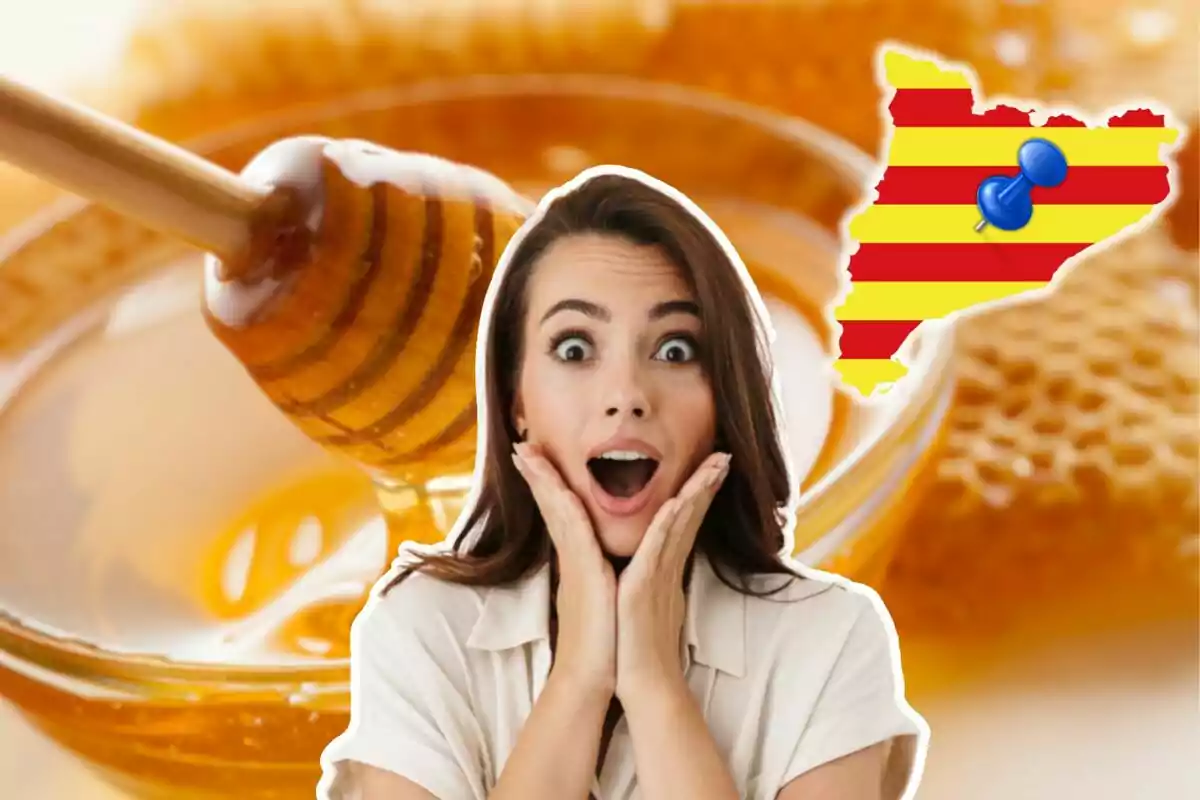 Una mujer sorprendida frente a un fondo de miel con un mapa de Cataluña.