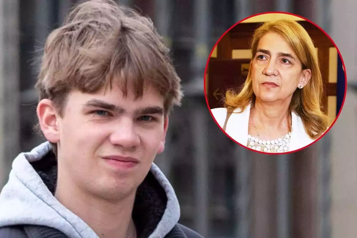 Muntatge de Miguel Urdangarin seriós amb una caputxa grisa i la infanta Cristina seria amb una blazer blanca