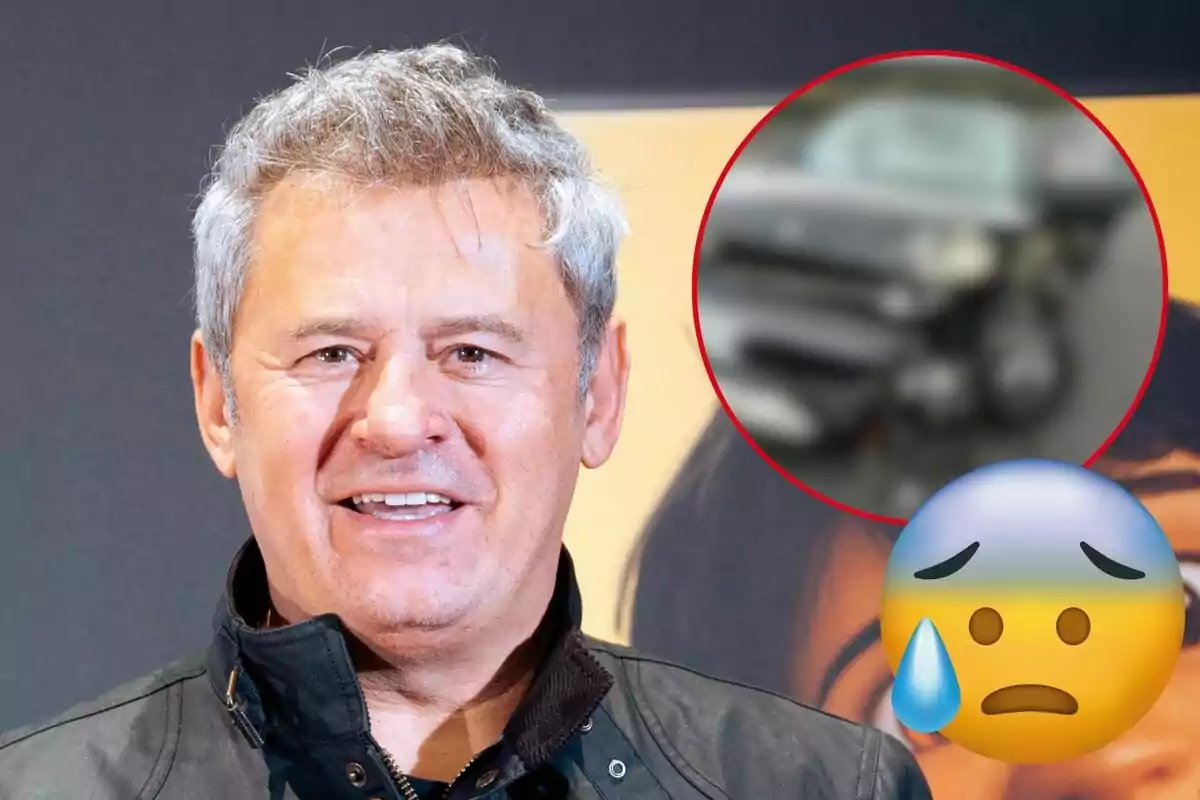 Miki Nadal somrient amb cabell canós i una jaqueta fosca, amb una imatge borrosa d'un cotxe malmès en un cercle vermell i un emoji de cara trista amb una llàgrima a la cantonada inferior dreta.