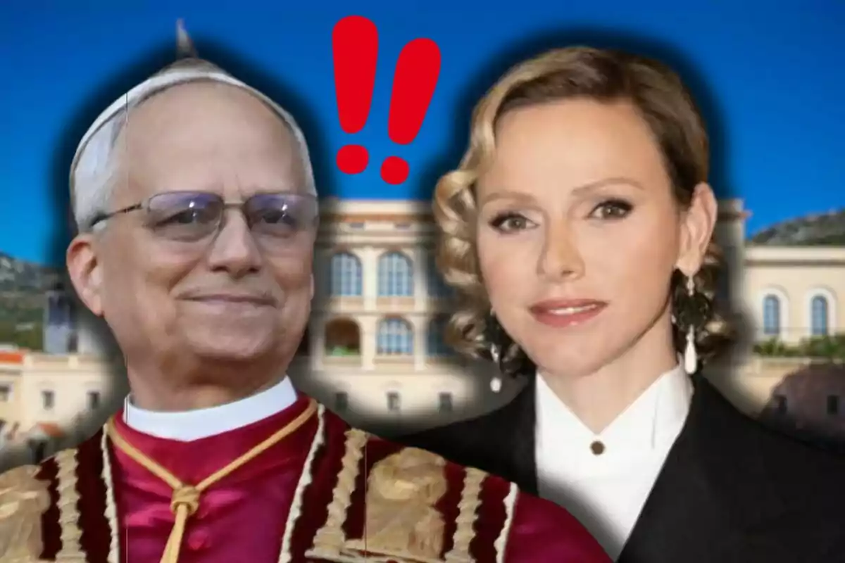 El papa Lleó XIV i Charlene posen davant d'un edifici amb signes d'exclamació vermells sobre ells.