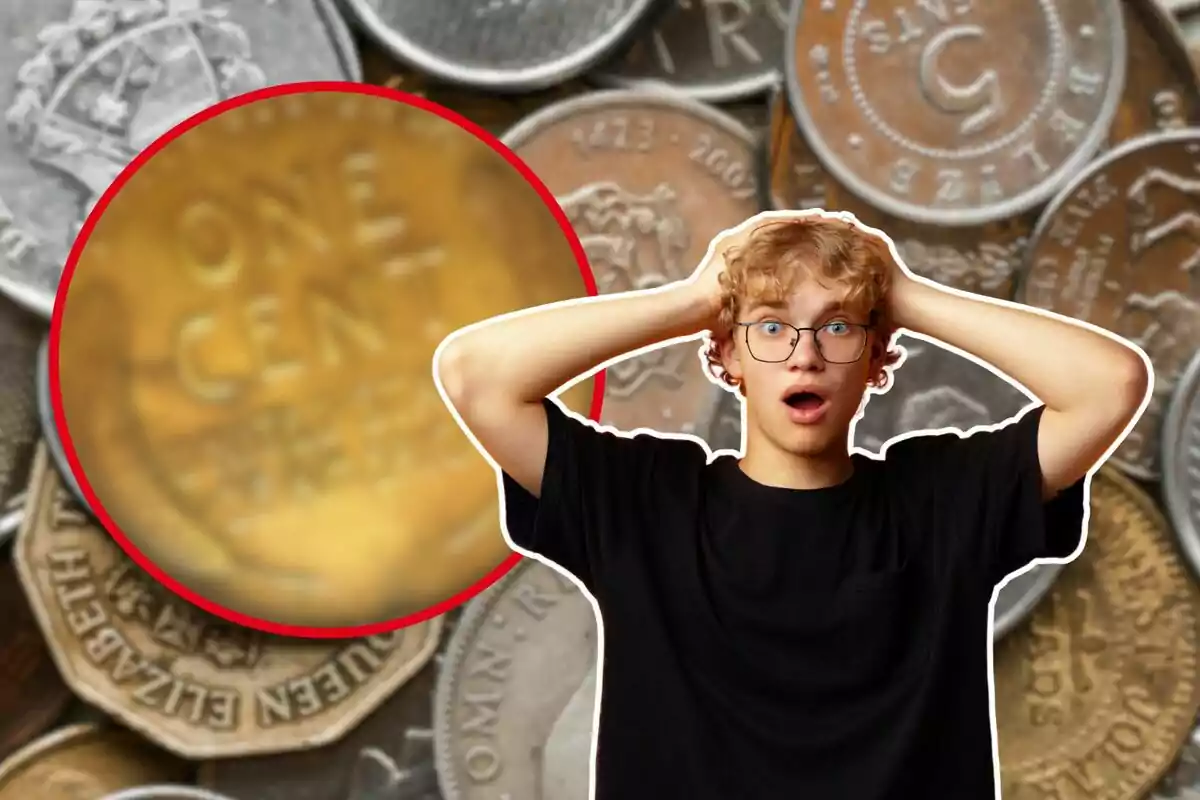 A young man with a surprised expression holds his head in front of a background of coins and an enlarged penny.