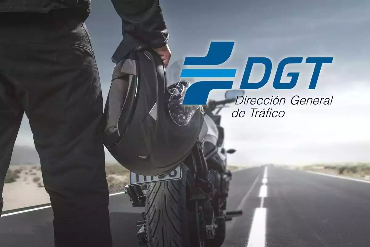 Muntatge d'una carretera amb moto, casc i mitja cama d'un motorista i el logotip de la DGT