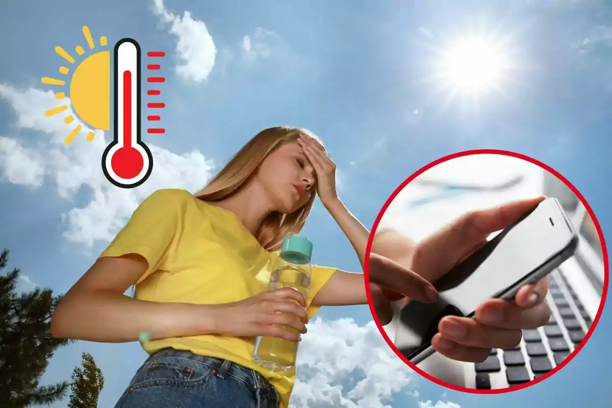 Una dona porta una ampolla d'aigua en un dia assolellat, i al cercle, un mòbil