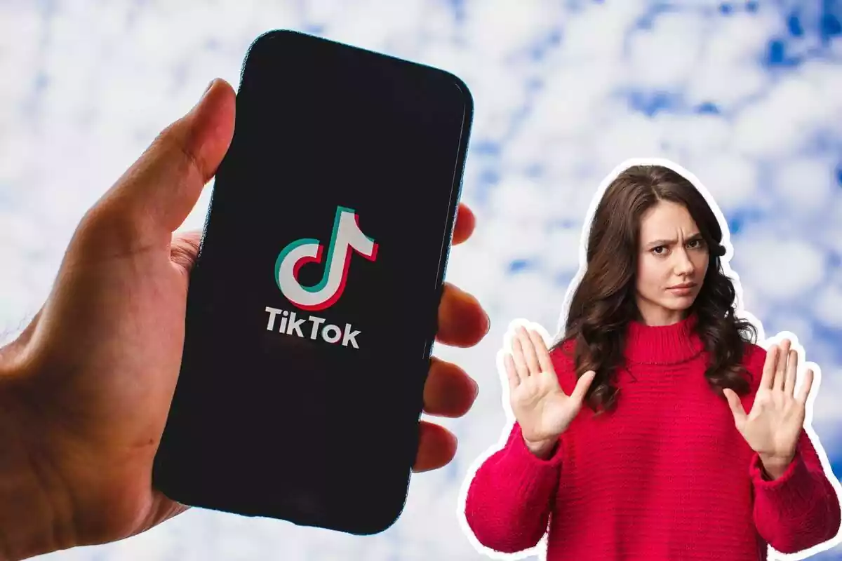 Muntatge d'un telèfon amb el logotip de TikTok i una noia gesticulant parar