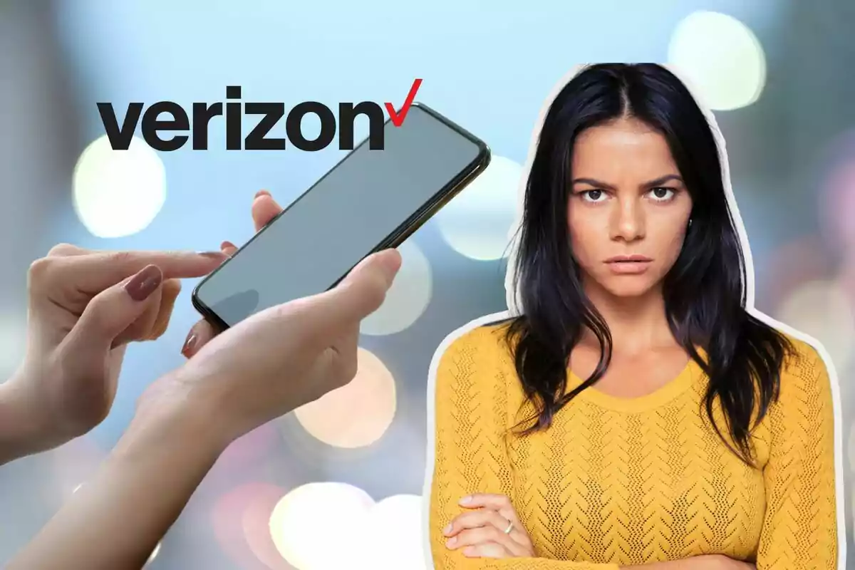 Una persona con expresión seria junto a un teléfono móvil y el logo de Verizon.