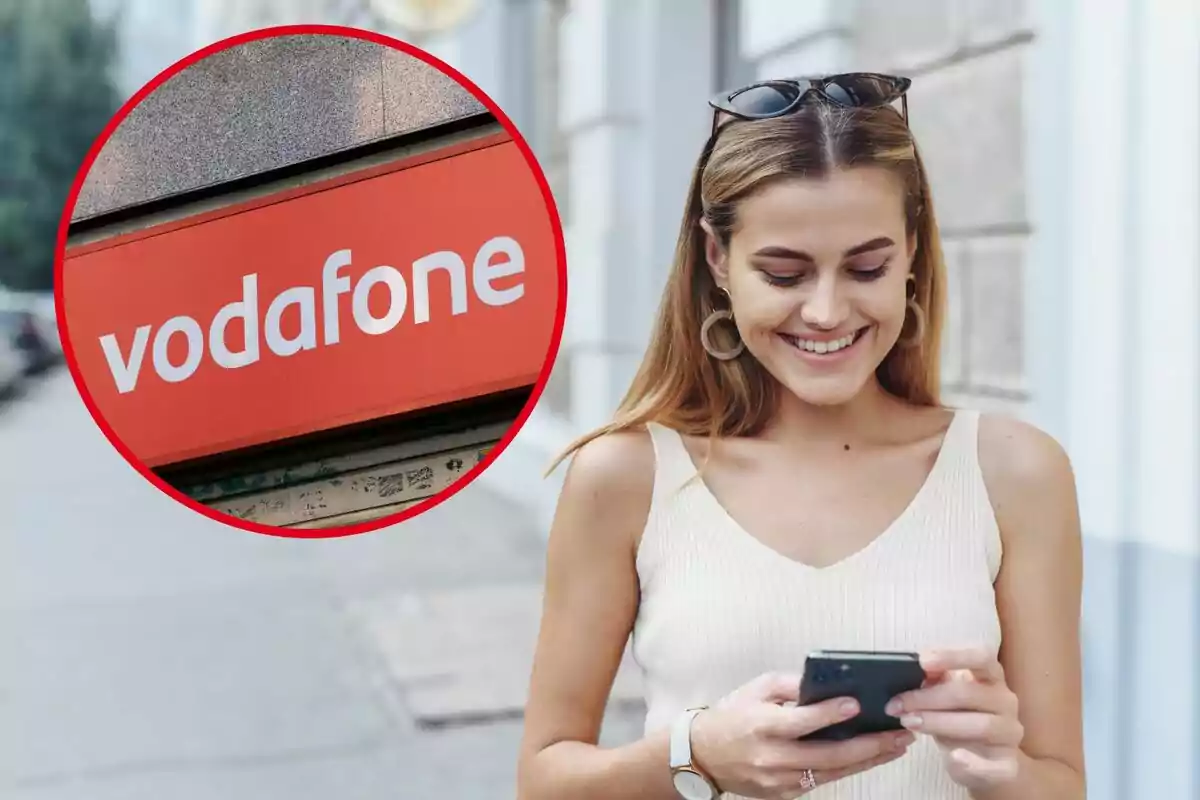 Una noia revisa el mòbil somrient, i al cercle, un rètol de Vodafone