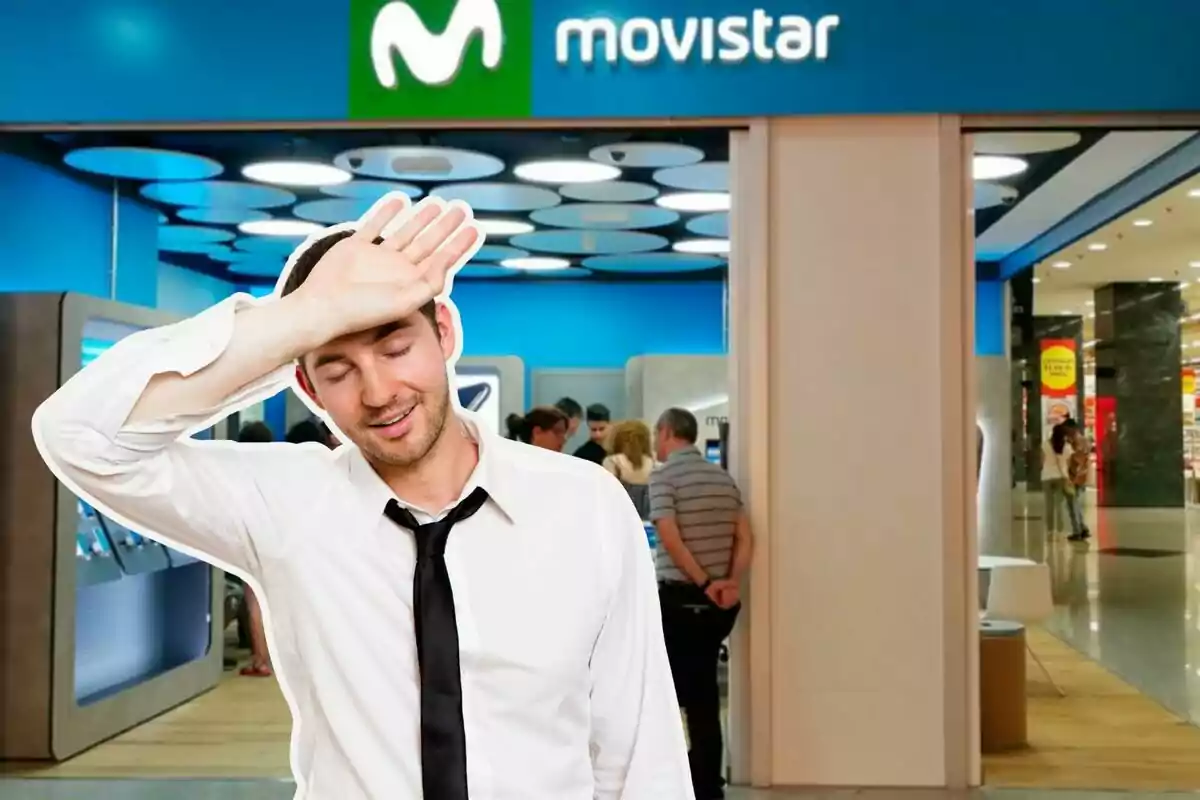 Un home amb camisa blanca i corbata negra s'asseca la suor del front davant d'una botiga de Movistar.