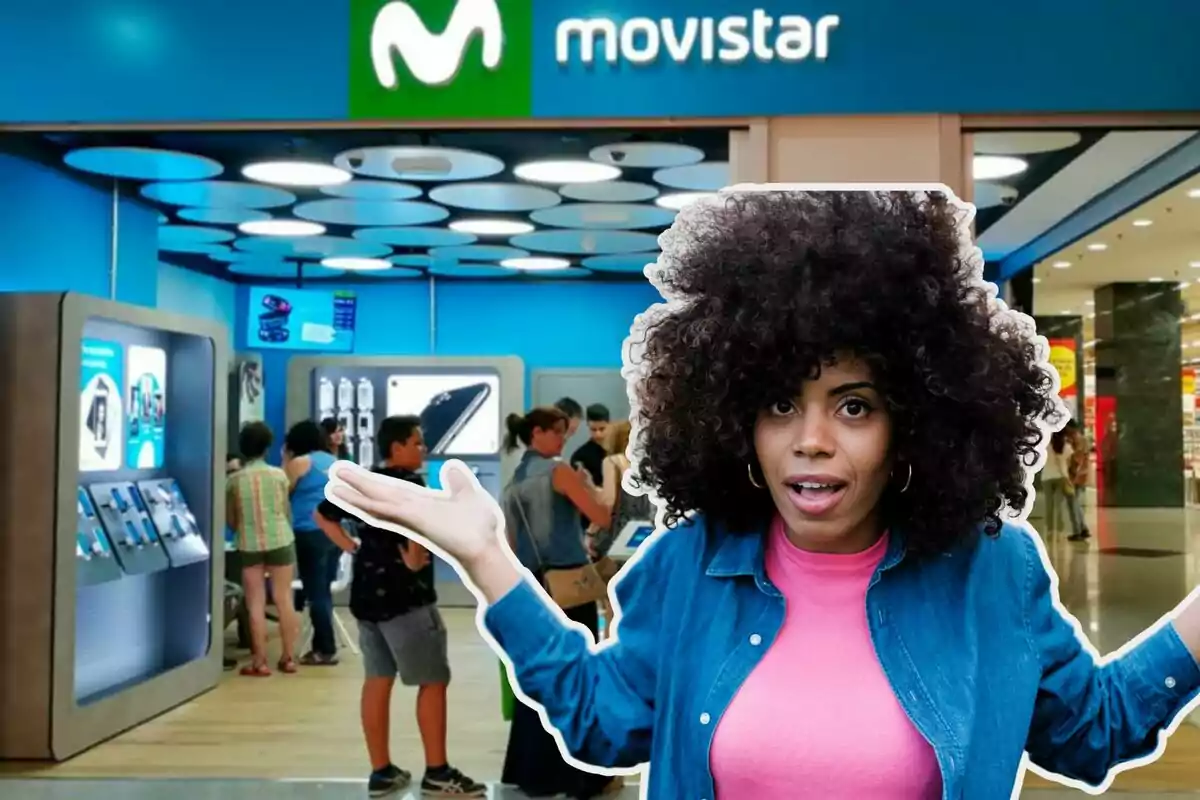 Una dona amb cabell arrissat i expressió de sorpresa és davant d'una botiga de Movistar, on diverses persones estan comprant dispositius electrònics.