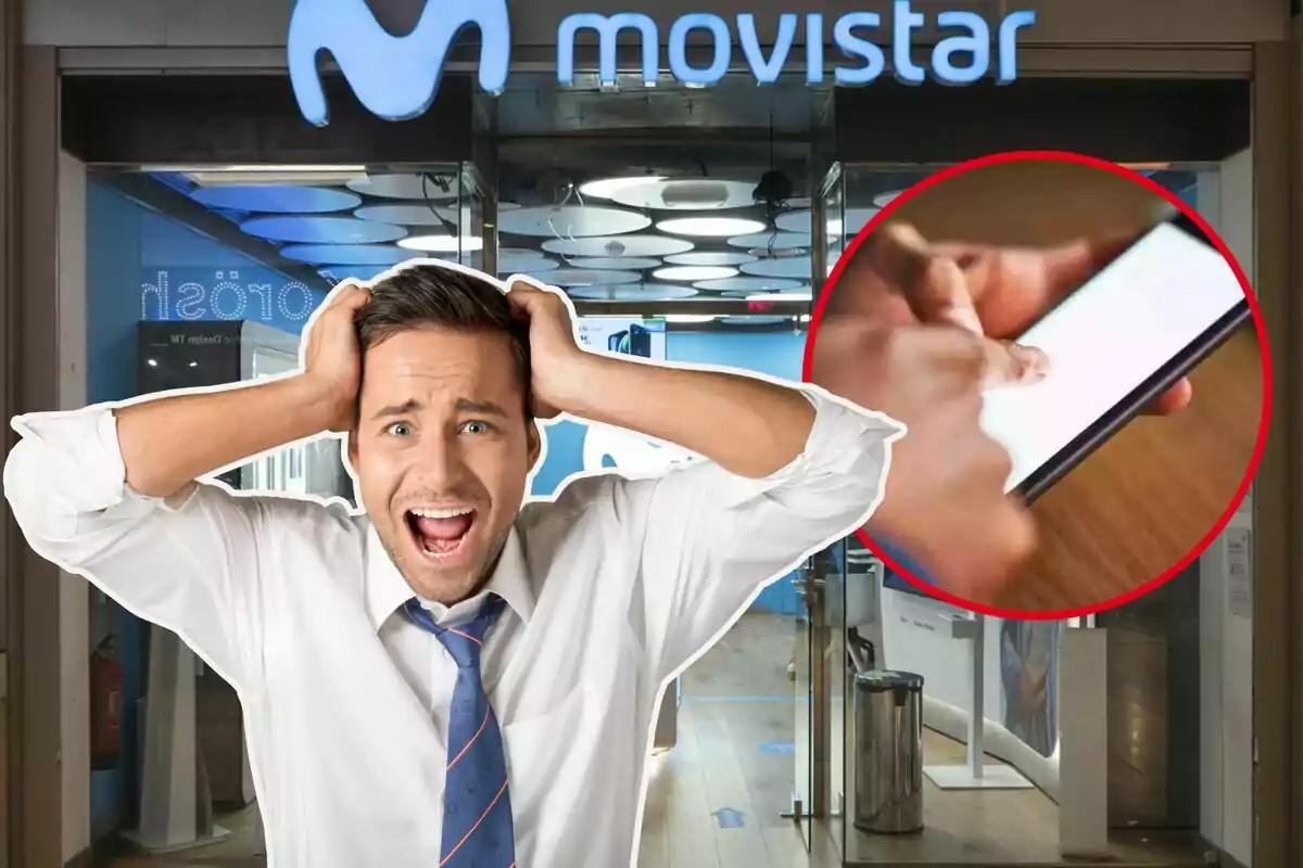 Una botiga Movistar, amb un home amb les mans al cap, i al cercle, un mòbil