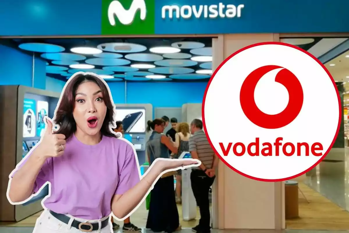 Una dona amb una samarreta morada fa un gest d'aprovació amb el polze cap amunt i una expressió de sorpresa mentre assenyala cap a un logotip de Vodafone; al fons, es pot veure una botiga de Movistar amb diverses persones a dins.