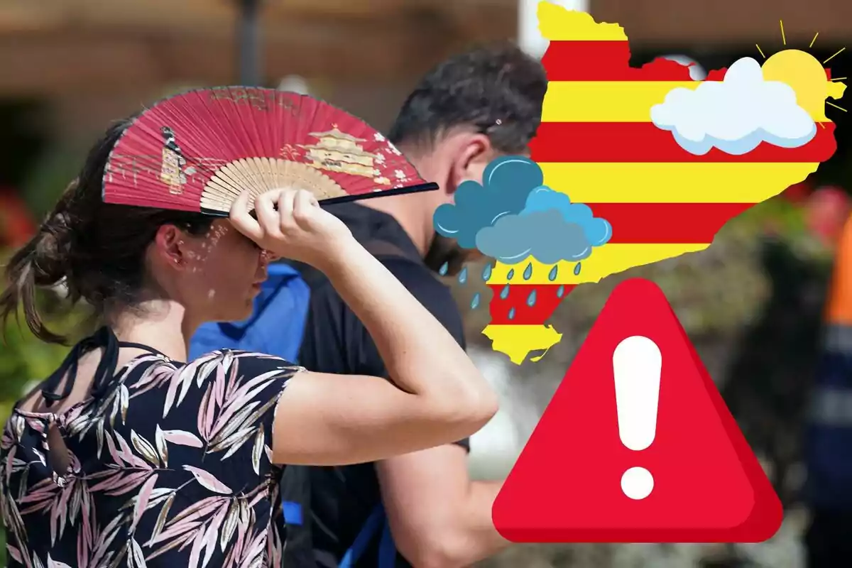 Una mujer se abanica mientras camina al lado de un hombre, con un mapa de Cataluña y símbolos meteorológicos superpuestos indicando diferentes condiciones climáticas y una señal de advertencia. Una mujer se abanica mientras camina al lado de un hombre, con un mapa de Cataluña y símbolos meteorológicos superpuestos indicando diferentes condiciones climáticas y una señal de advertencia.