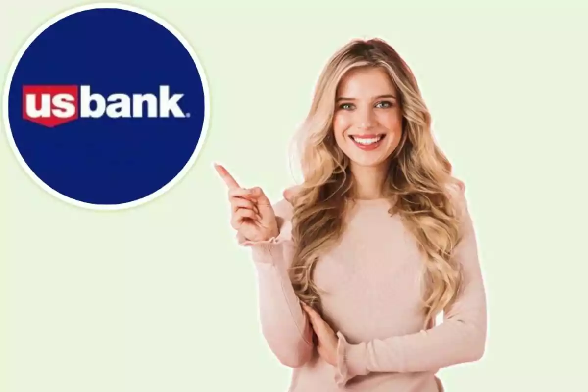 A smiling woman points to a bank logo on a light green background. A smiling woman points to a bank logo on a light green background.