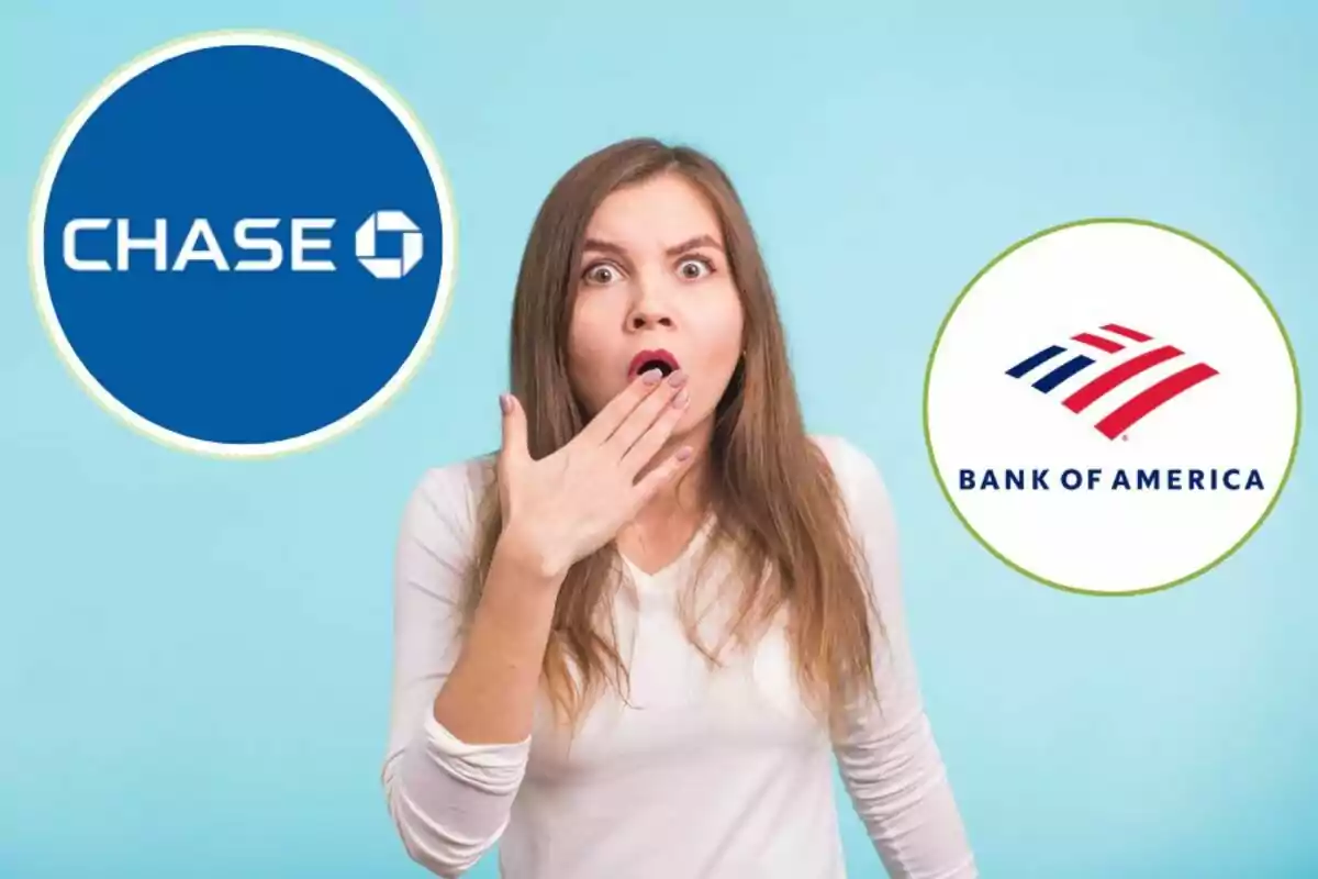 Una mujer con expresión de sorpresa se encuentra entre los logotipos de Chase y Bank of America sobre un fondo azul.