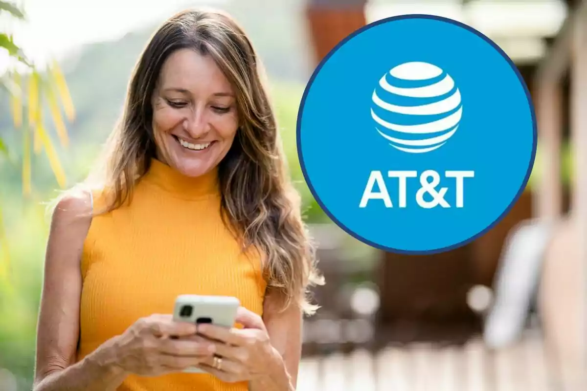 Una mujer sonriente con un vestido amarillo sostiene un teléfono móvil mientras el logotipo de AT&T aparece en un círculo azul a su lado. Una mujer sonriente con un vestido amarillo sostiene un teléfono móvil mientras el logotipo de AT&T aparece en un círculo azul a su lado.