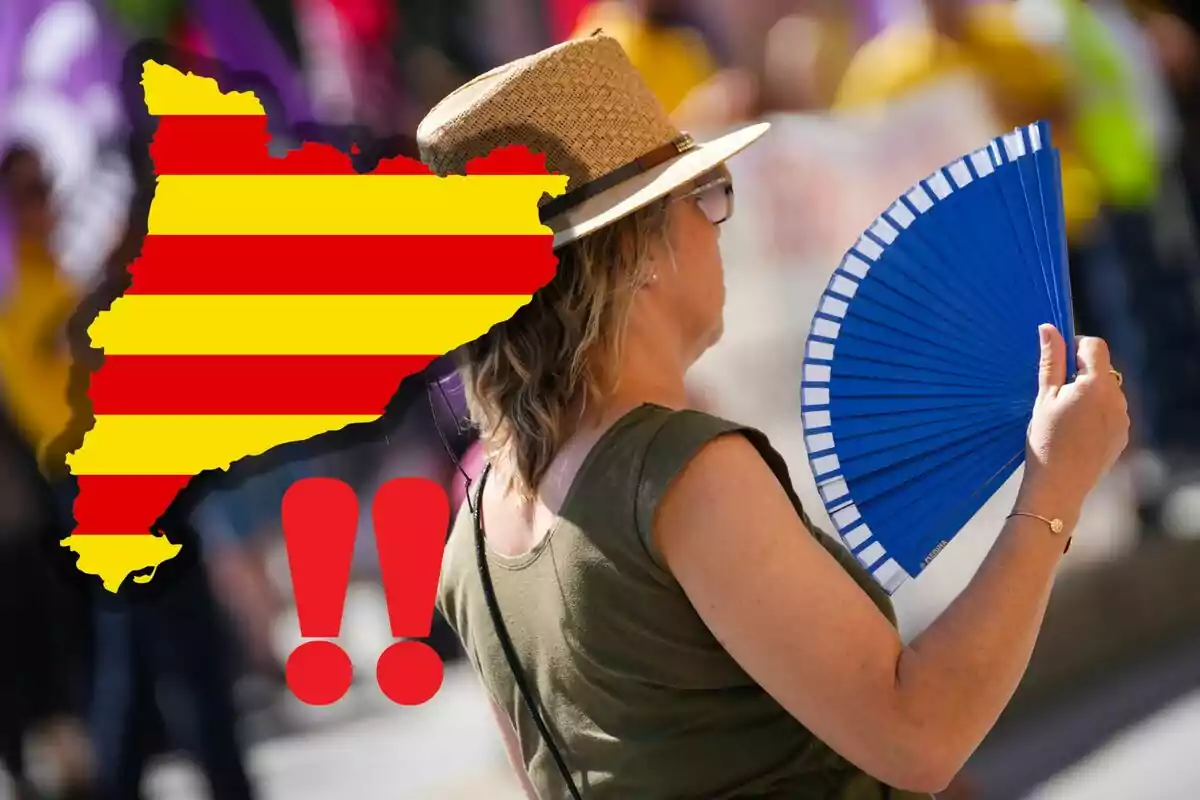 Dona amb barret i ventall blau a la mà al costat d’un mapa de Catalunya amb franges vermelles i grogues i dos signes d’exclamació vermells Dona amb barret i ventall blau a la mà al costat d’un mapa de Catalunya amb franges vermelles i grogues i dos signes d’exclamació vermells