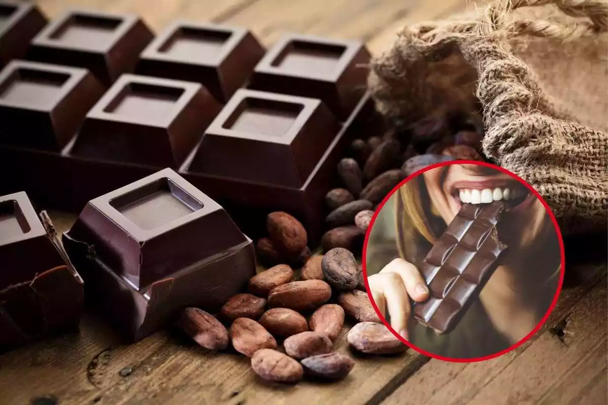Muntatge d'un fons amb trossos de xocolata i una dona menjant una rajola