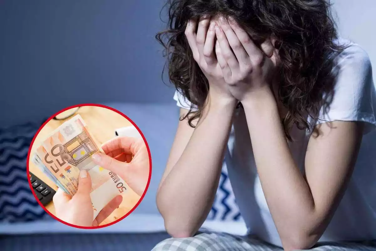 Muntatge d´una dona estressada sense poder dormir i una imatge de diners