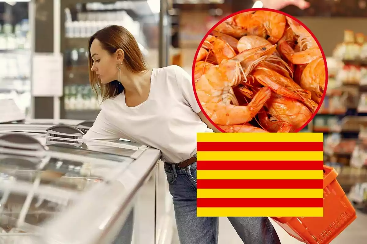 Una dona comprant en un supermercat amb una cistella de compres taronja, un cercle amb una imatge de gambetes i una bandera amb franges vermelles i grogues.