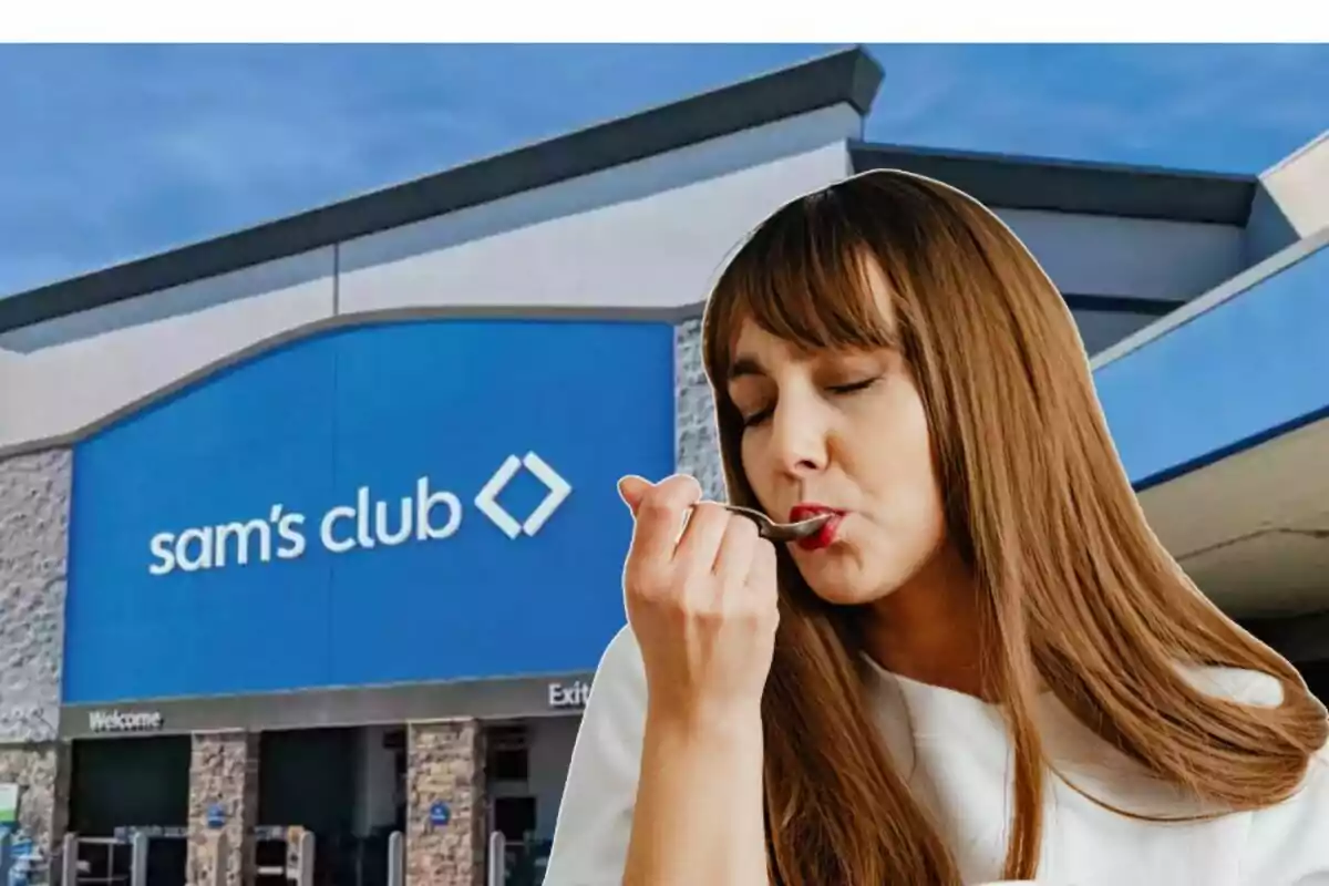 Woman enjoying a spoonful of food in front of the entrance to Sam's Club