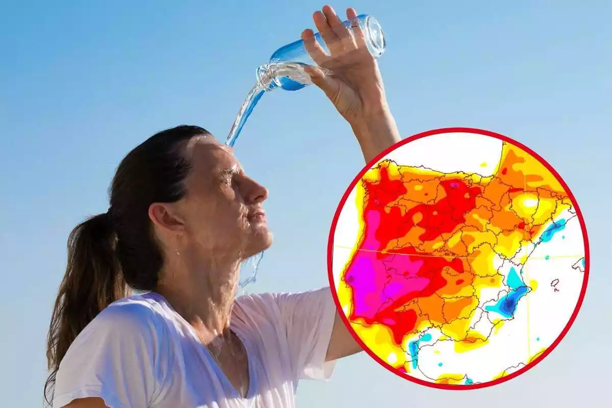 Muntatge amb una dona llençant-se aigua a la cara amb una ampolla i un cercle amb el mapa de temperatures màximes de l'AEMET del divendres, 23 de juny