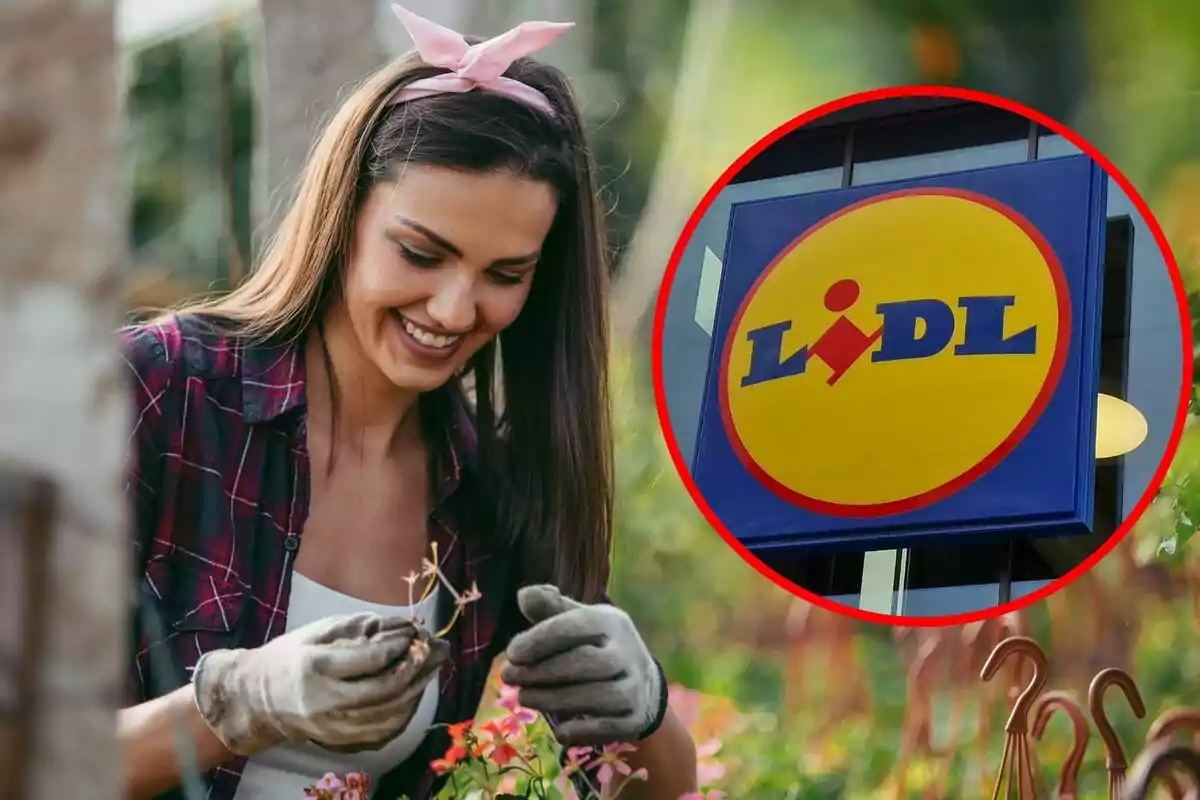 Una persona somrient cuidant plantes amb un rètol de supermercat en un cercle vermell.