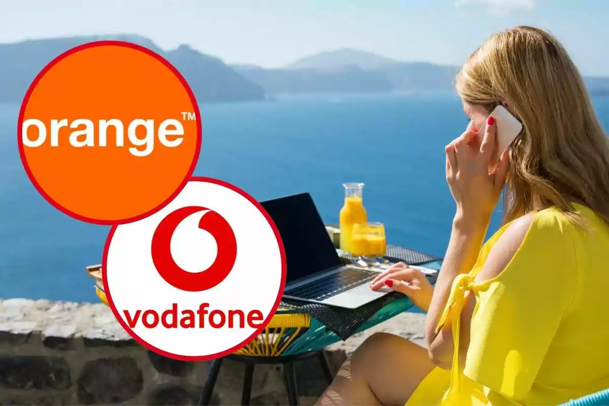 Dona parlant per telèfon a tocar del mar amb logos d'Orange i Vodafone.