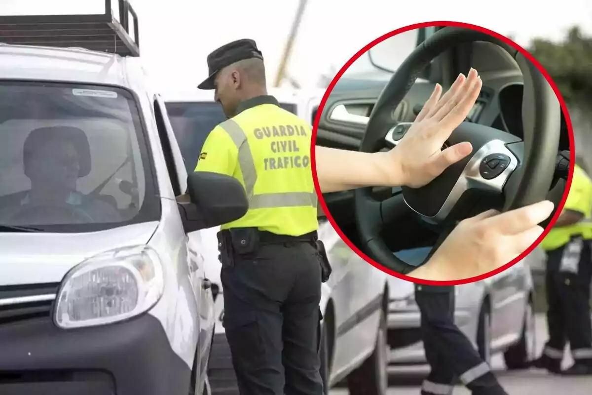 La guàrdia civil en un control de trànsit, i al cercle, una persona toca el clàxon del cotxe