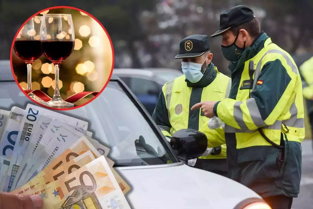 Uns guàrdies civils dialoguen amb un conductor, amb imatges d'unes copes de vi i uns bitllets