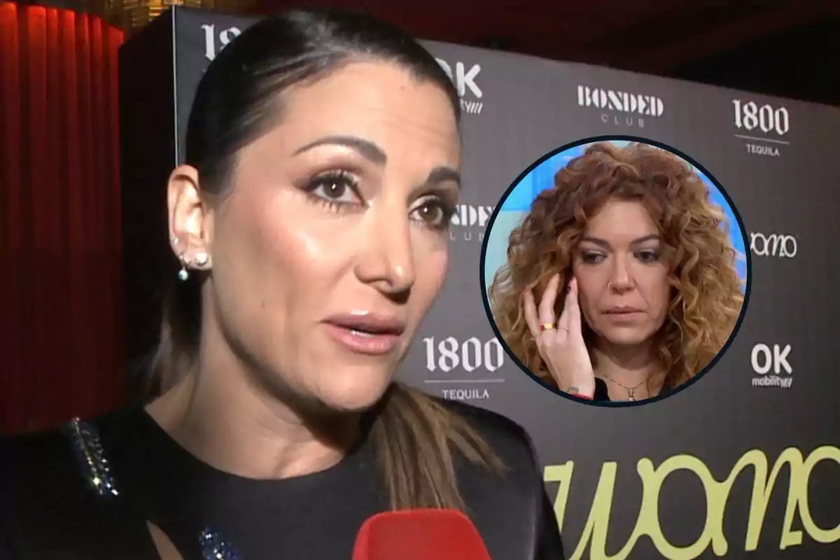 Muntatge amb Nagore Robles, amb cua i vestit negre que parla davant d'un micròfon vermell, i Sofía Cristoo, seriosa i tocant-se la cara dins d'un cercle de color negre