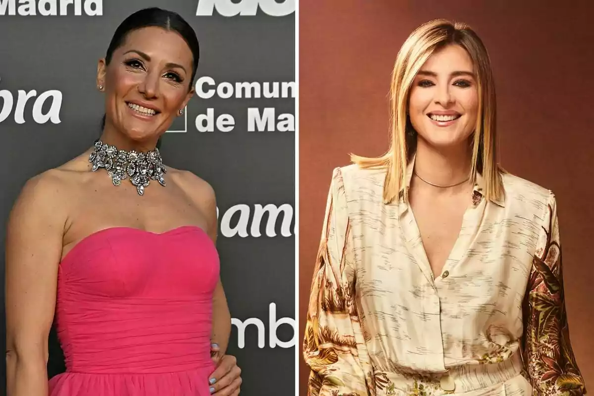 Nagore Robles i Sandra Barneda posen somrient; la primera porta un vestit rosa sense tirants i un collaret cridaner, mentre que la segona porta una brusa estampada i té els cabells rossos. Nagore Robles i Sandra Barneda posen somrient; la primera porta un vestit rosa sense tirants i un collaret cridaner, mentre que la segona porta una brusa estampada i té els cabells rossos.