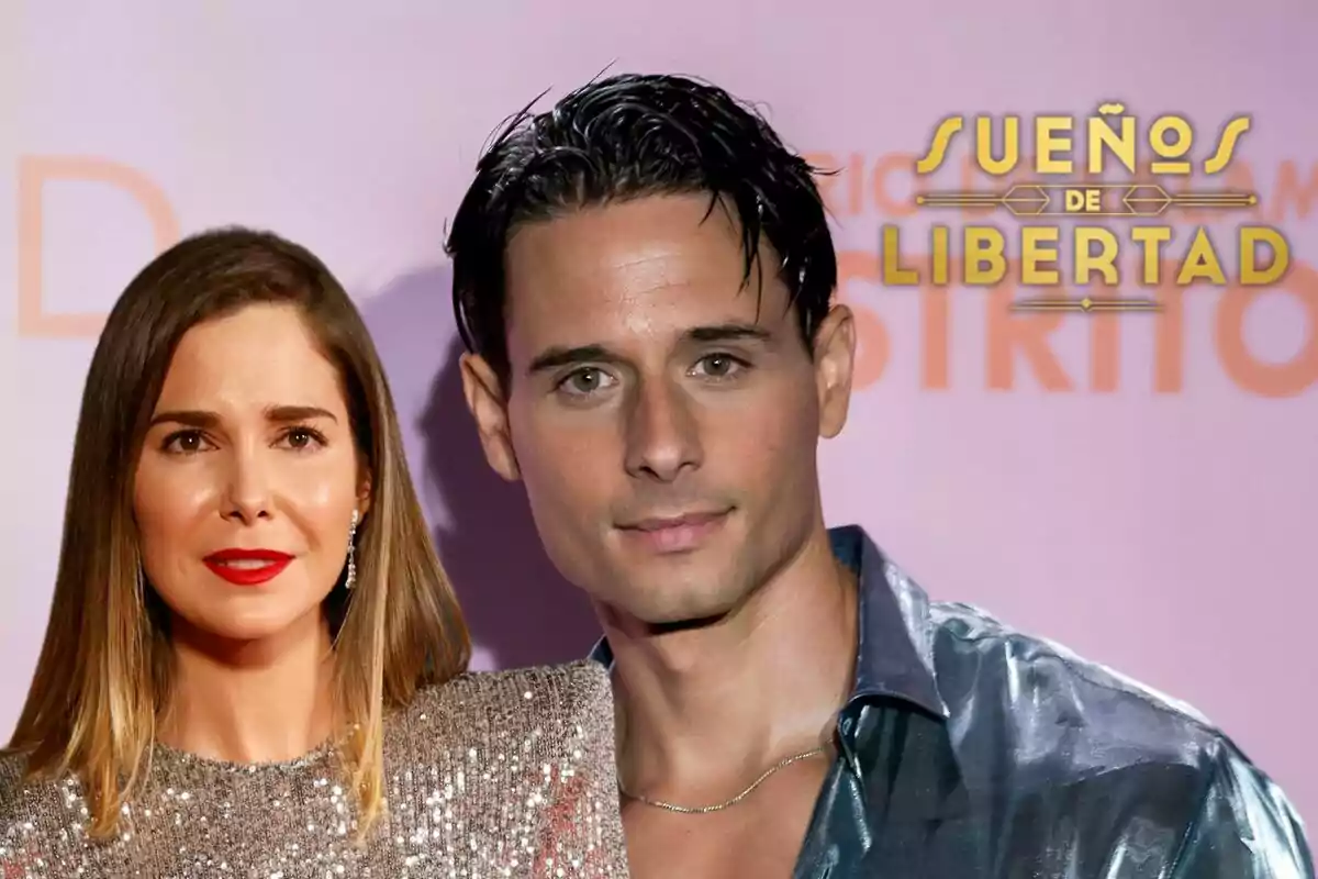 Natalia Sánchez i David Matarín posant en un esdeveniment amb el text "Sueños de Libertad" al fons.