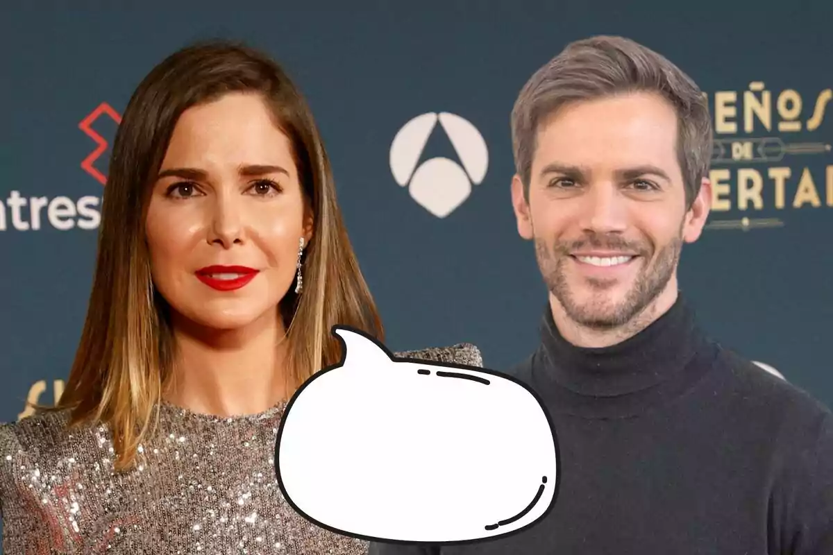 Natalia Sánchez i Marc Clotet posant davant un fons amb logotips, una dona amb vestit brillant i un home amb suèter negre, amb un globus de diàleg buit en primer pla.