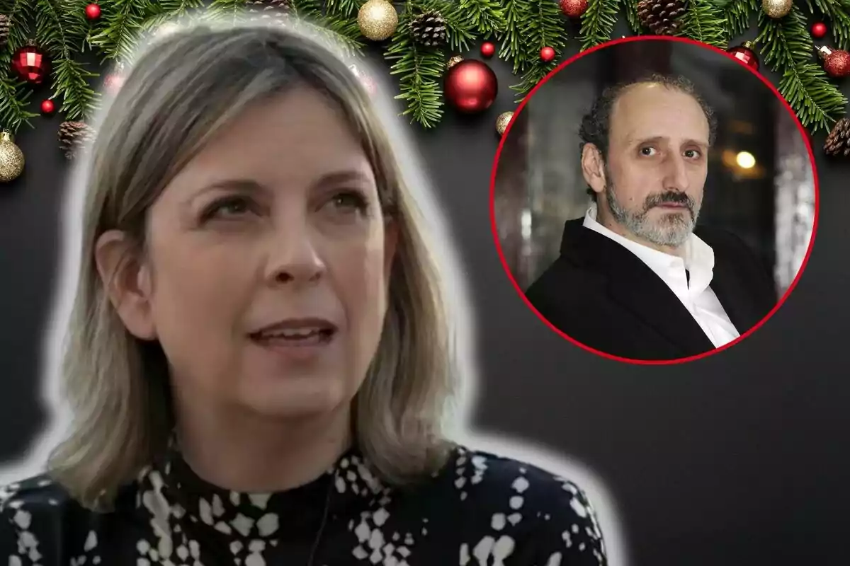 Irene Gil amb cabell ros i expressió seriosa apareix en primer pla, mentre que en un cercle vermell a la dreta es mostra José Luis Gil amb barba i cabell fosc, tots dos sobre un fons decorat amb motius nadalencs.