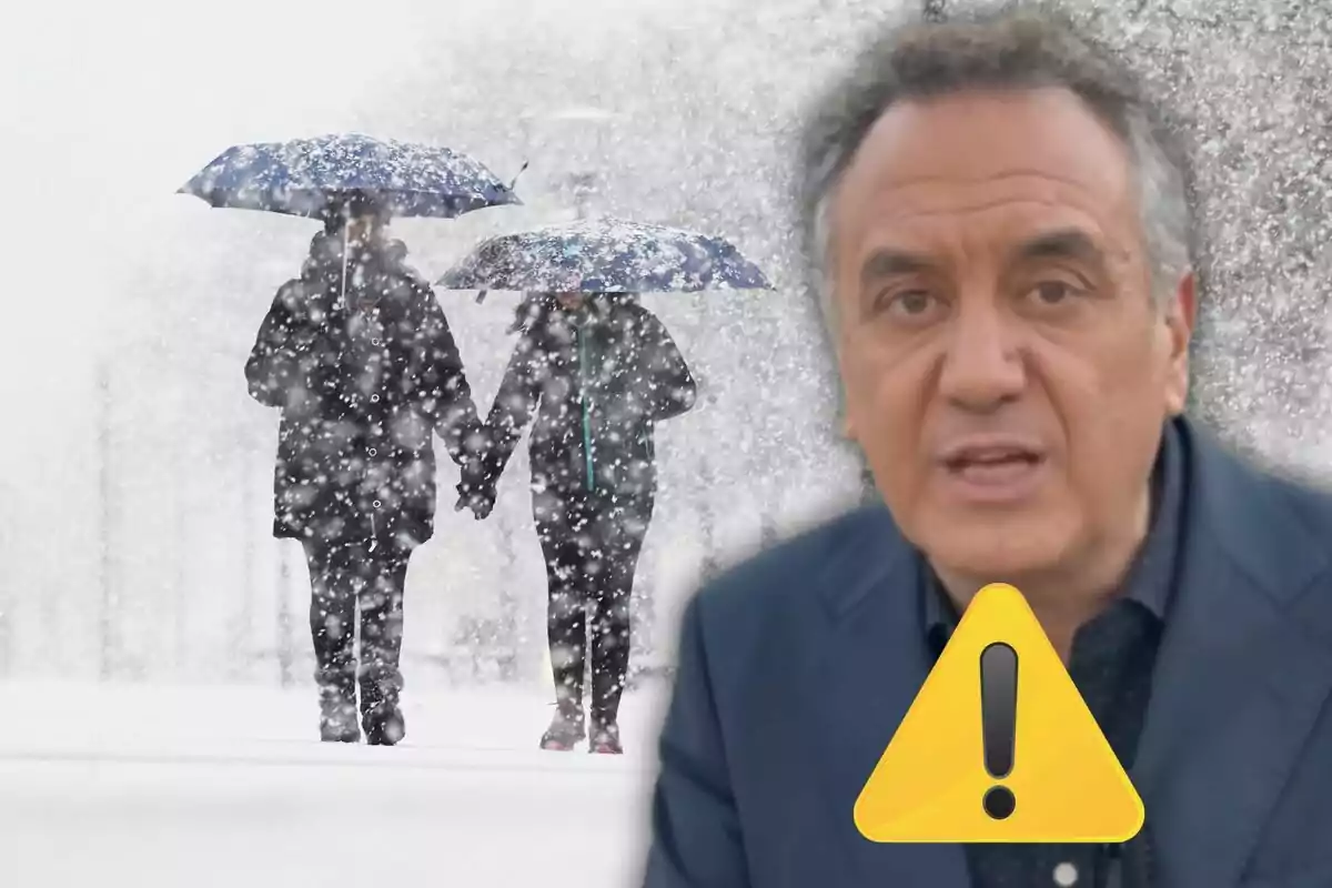 Una parella camina sota la neu amb paraigües mentre un home apareix en primer pla amb una icona d'advertència.