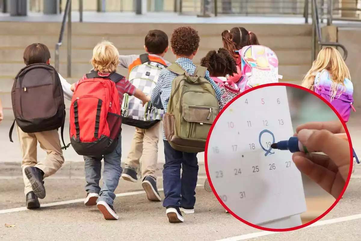 Muntatge amb set nens amb motxilla corrent cap a l'escola i un cercle amb una mà marcant un calendari amb un retolador