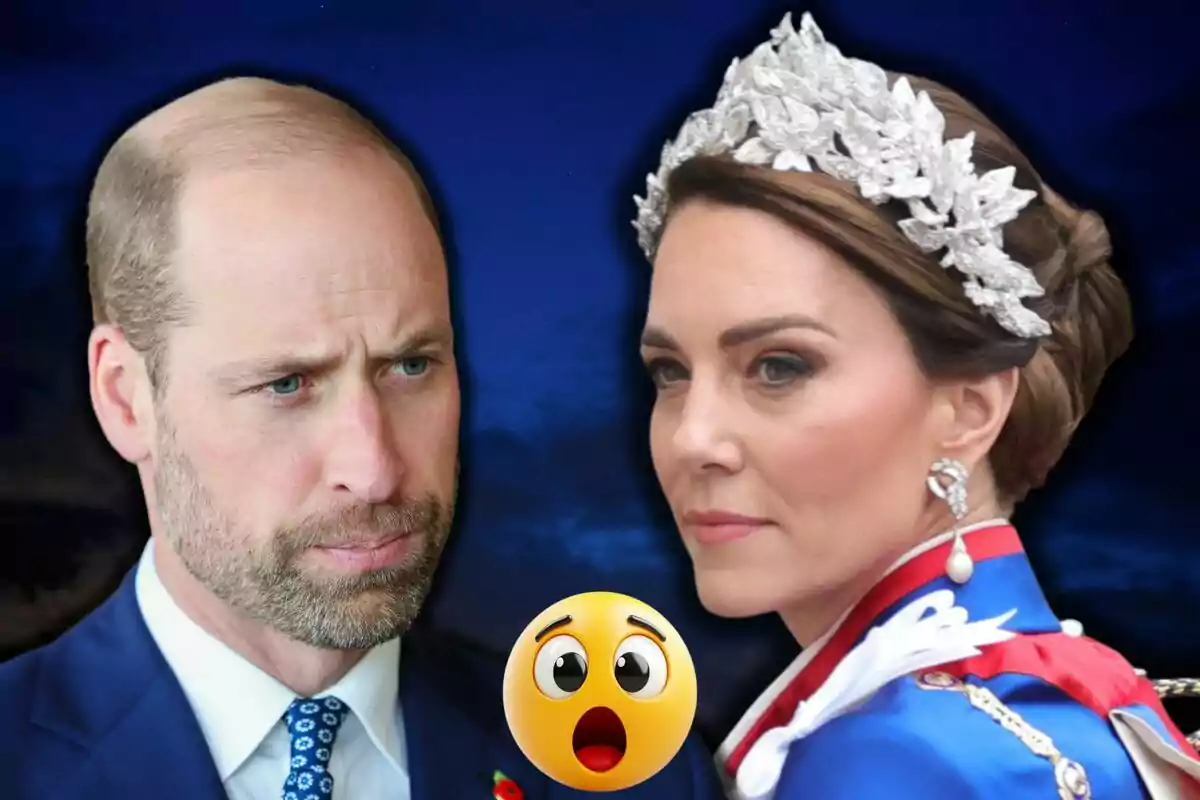 El príncep Guillem i Kate Middleton amb expressions serioses, una d'elles porta una tiara, amb un emoji sorprès al centre sobre un fons fosc.