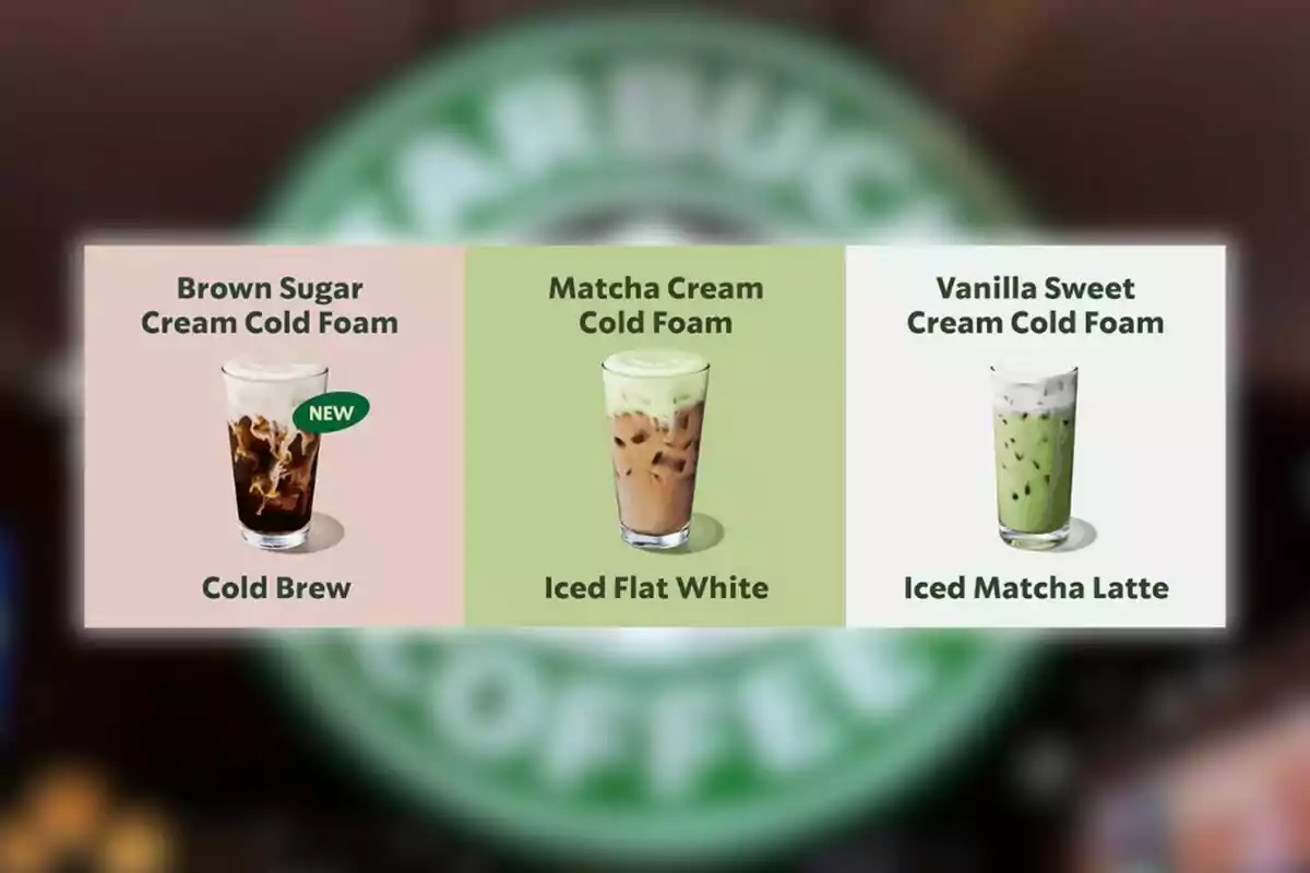 Three Starbucks drinks with different types of cold foam: Cold Brew with Brown Sugar Cream, Iced Flat White with Matcha Cream, and Iced Matcha Latte with Vanilla Sweet Cream. Three Starbucks drinks with different types of cold foam: Cold Brew with Brown Sugar Cream, Iced Flat White with Matcha Cream, and Iced Matcha Latte with Vanilla Sweet Cream.